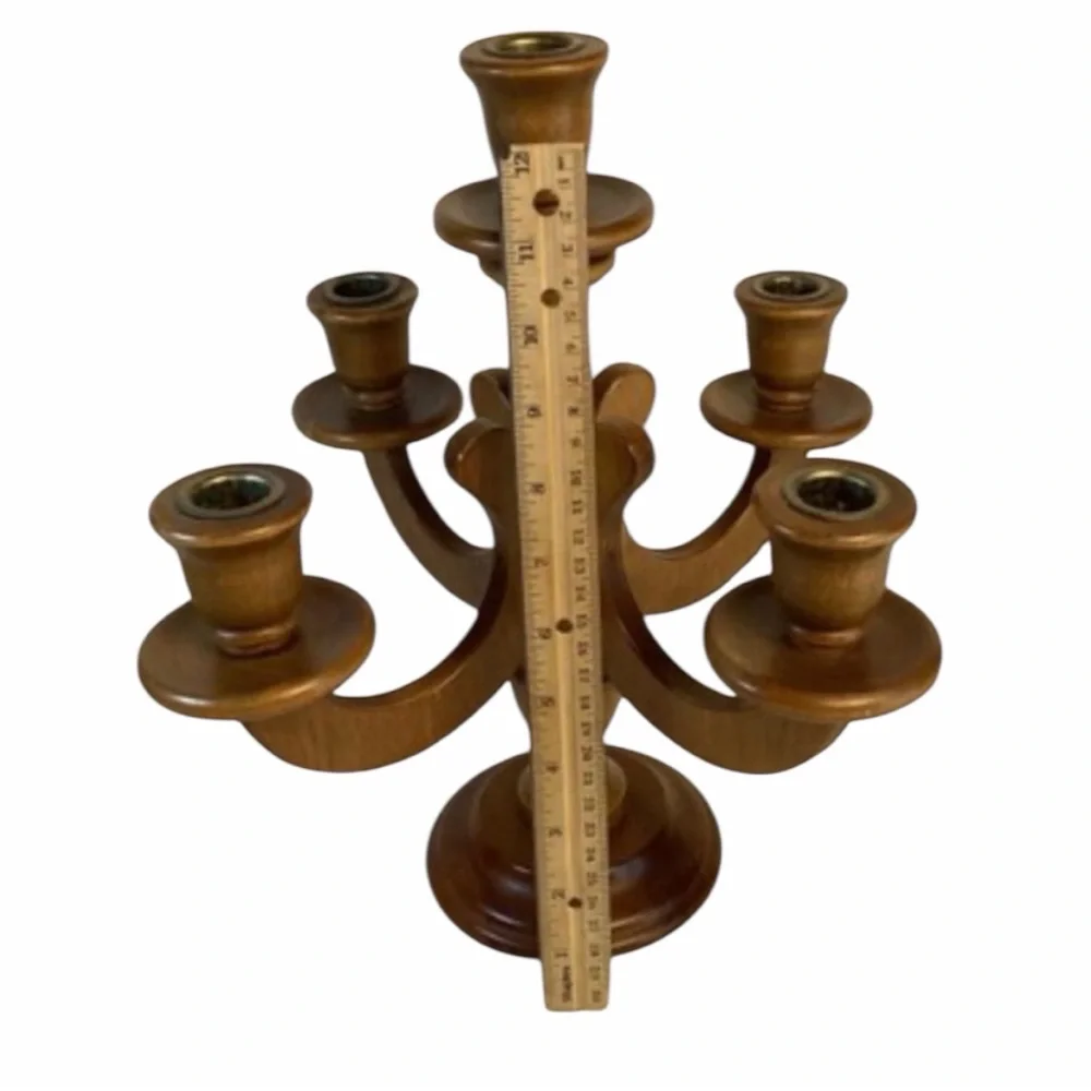 Mid-Century Charles Lesters Turned Wooden 5-Arm Candelabra. Brass inserts - Picture 5 of 8